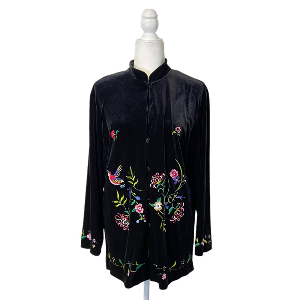 Susan Graver Black Velour Embroidered Floral Button Up Tunic Medium